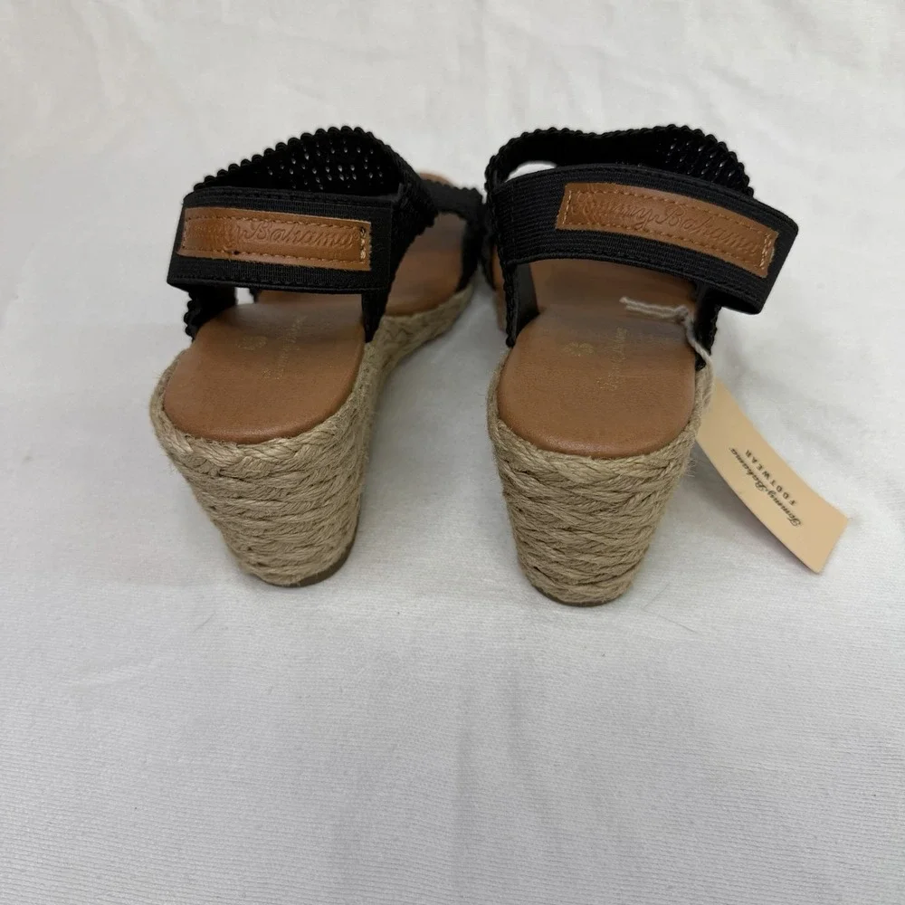 Tommy Bahama Sakura Wedge Espadrilles Heels Black Sandals 8 Beachy Boho Summer